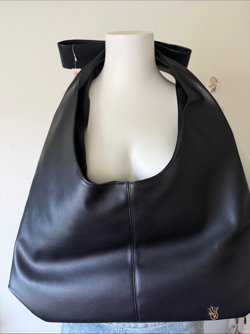 Victoria's Secret Black Shoulder Hobo Bag with Gold Logo Accent
